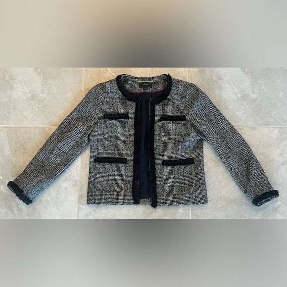 J.CREW Glen Plaid Braided Trim Tweed Jacket Blazer Black/White | Size 2 Womens - Picture 5 of 12